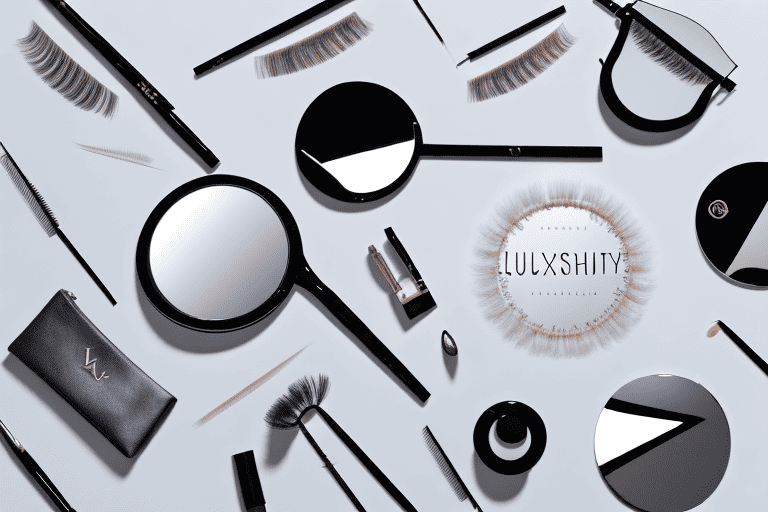 A variety of luxurious eyelash extensions displayed on a stylish vanity table with a magnifying mirror and a set of professional eyelash extension tools