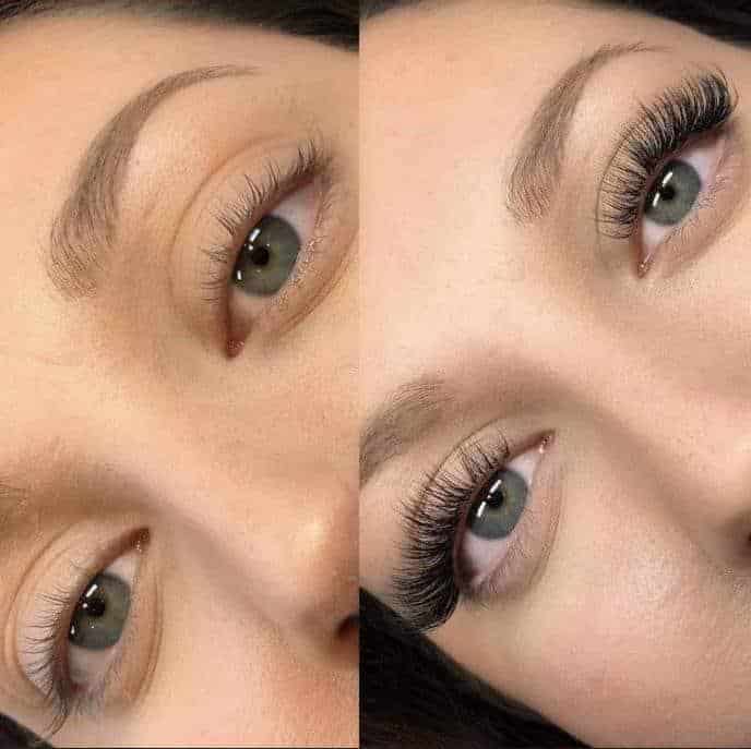 A close-up of beautifully applied hybrid lash extensions in Oakville, blending classic and volume lashes.